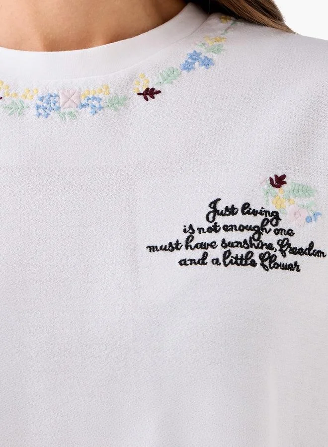 لي كوبر Lee Cooper Cotton T-shirt with Floral Slogan Embroidery